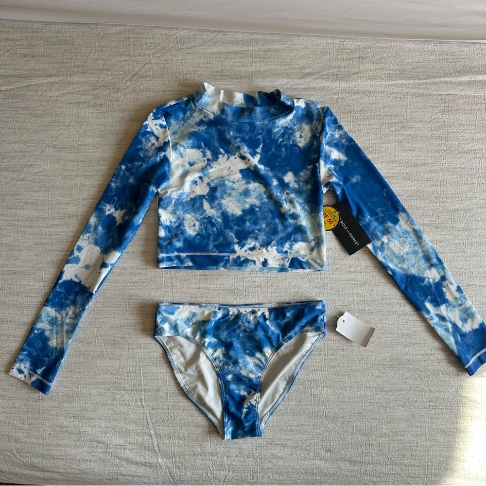 Melrose & Market Girls’ Long Sleeve 2 Piece Blue Tie Dye Swim Suit in Size 12